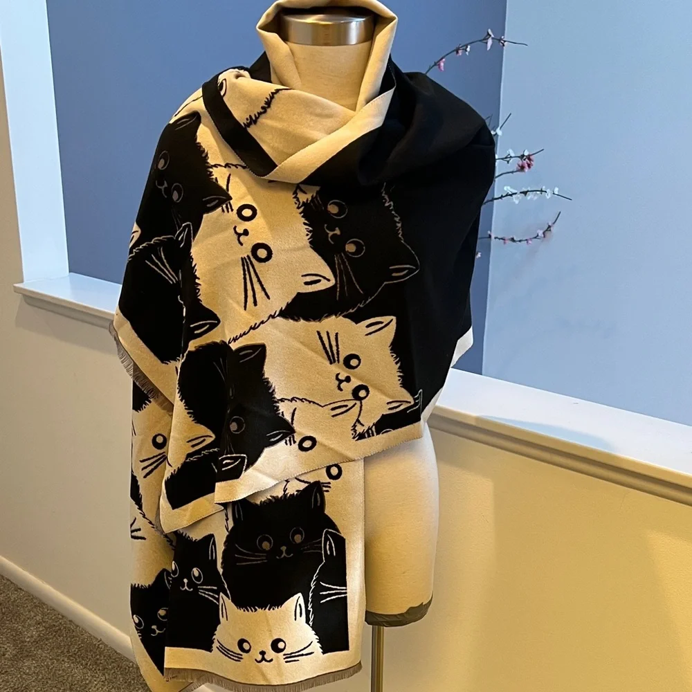 Cozy Cat Blanket scarf - Black and Cream. Soft as cashmere 26 in wide 73 in long